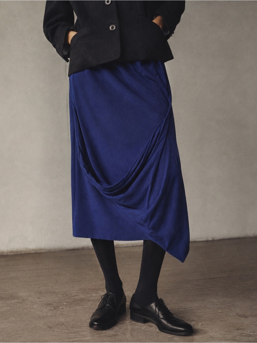 Comme des Garcons Vintage 1980s Womens Skirt Navy Blue Wool Knit Draped Midi